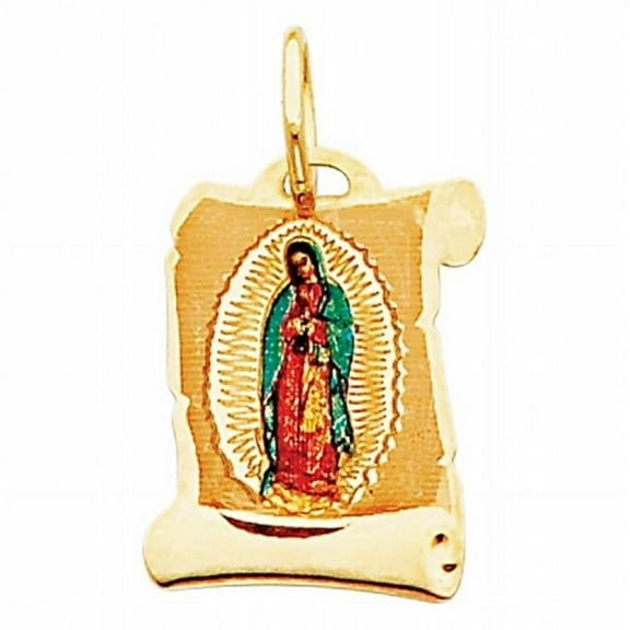 Genuine 14K Yellow Gold and Enamel Virgin of Guadalupe Pendant – 0.61" Scroll Design Religious Charm for Men or Women, Christian Jewelry Gift