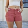 thumbnail image 3 of Womens Cargo Shorts Jeans Mid Rise Tight Stretch Jean Denim Shorts Flap Pocket Button Up Short Pants Streetwear Wine, M, 3 of 7
