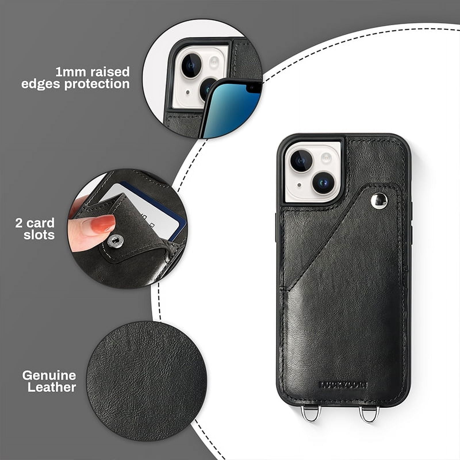 Luckycoin Black Handmade Genuine Leather Crossbody Case for iPhone 14 Case 6.1-Inch,with Strap and Flip Wallet Card Holder,Shockproof Durable Scratch Protective