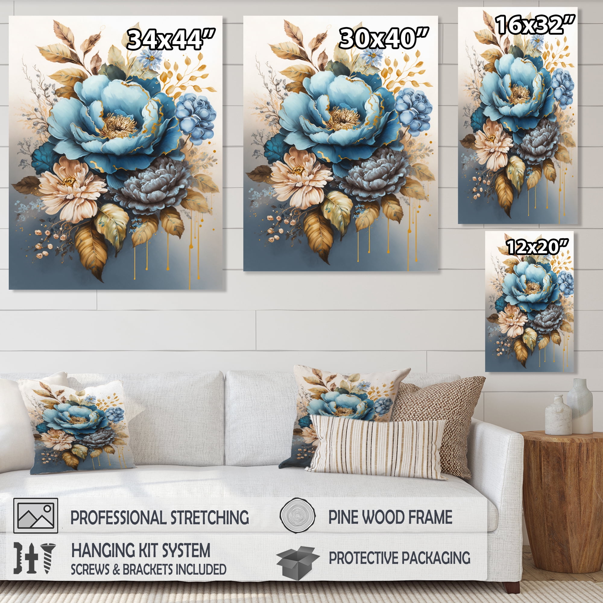 Designart Blue And Gold Mixed Floral Bouquet IV Canvas Wall Art