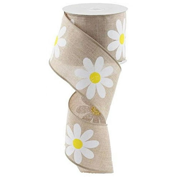 Daisy Flower Canvas Wired Edge Ribbon, 2.5" x 10 Yards (Light Tan)