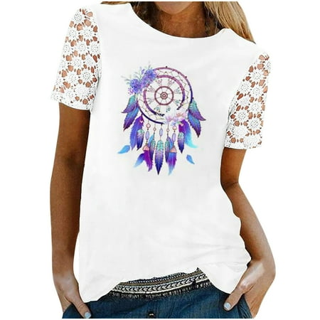 

Womens Loose Comfy Blouse Round Neck Short Sleeve Plus Size Tops 2022 Summer Casual T-Shirts Lightweight Lace Cute Dragonfly Print Tee