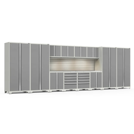 

NewAge Products Pro Series Platinum 14 Piece Cabinet Set Heavy Duty 18-Gauge Steel Garage Storage System Slatwall / LED Lights Included