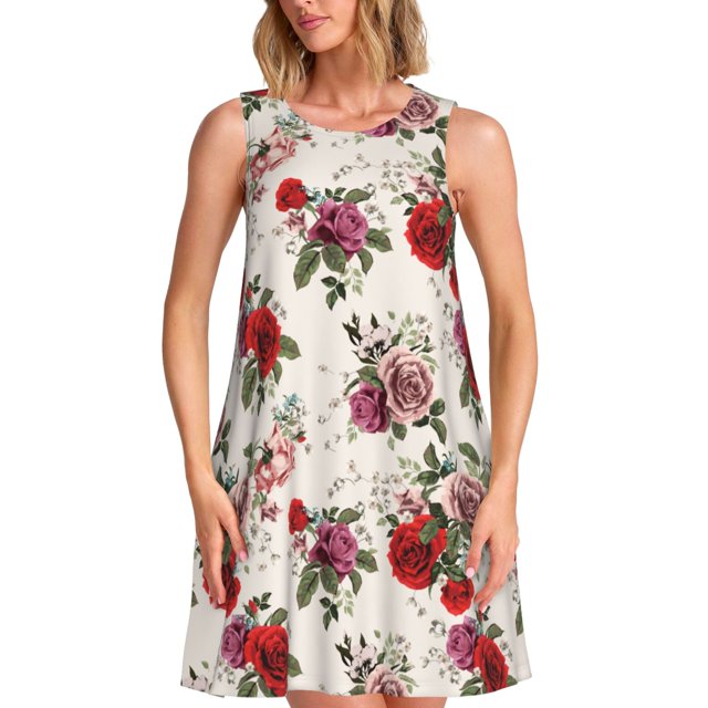 Easygdp Rose Flowers para Vestido Transpirable de Mujer, Vestido Suelto de Manga Corta con Pliegues y Bolsillos para el Verano