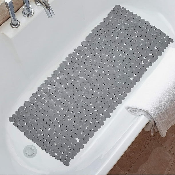 Gray Tapete para bañera de guijarros, tapete de baño antideslizante de 35 x 16 pulgadas para bañera de ducha con orificios de drenaje y ventosas, tapetes de baño lavables a máqu