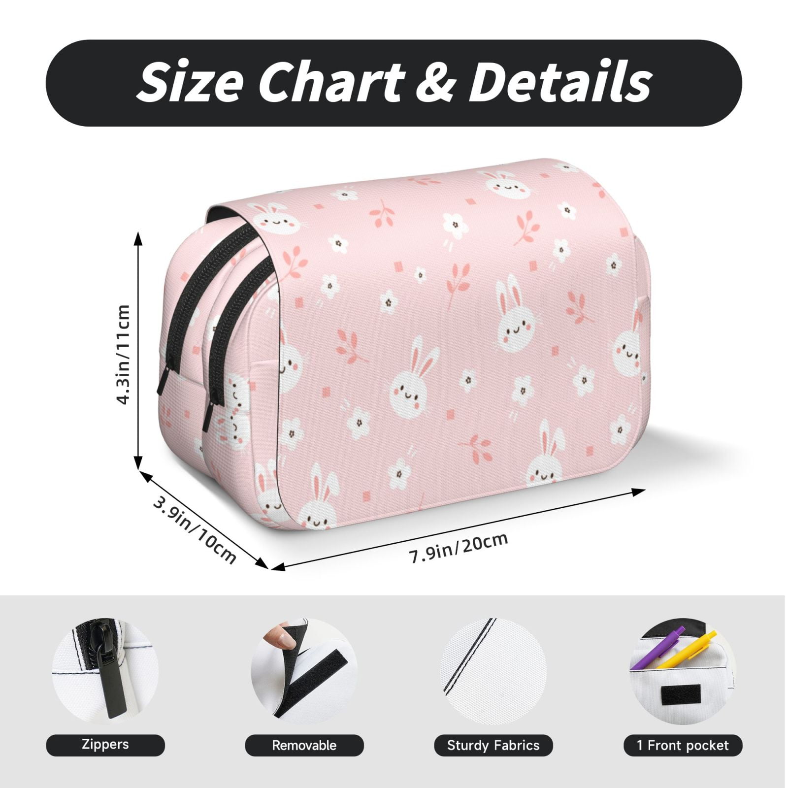 Rateoe Cute Bunny Pattern Double Clamshell Pen Case, Storage Organizer with Two Zipper Compartments– Holds Up to 50 Pencils & Pens