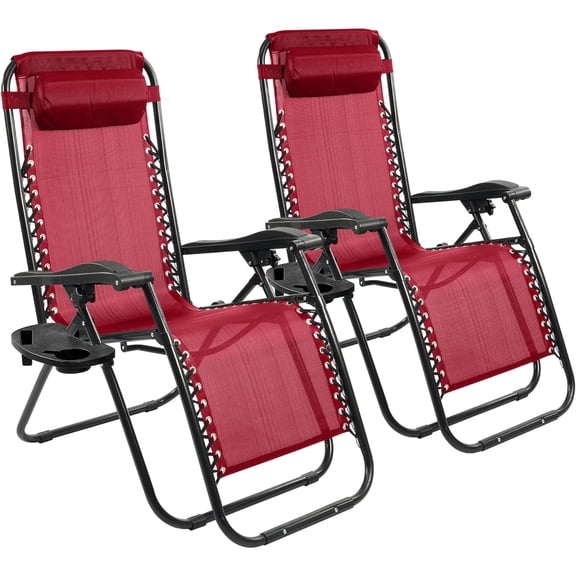 Zero Gravity Chair Set of 2 with Cup Holder & Removable Pillows, Adjustable Reclining Outdoor Patio Folding Chairs Portable Lounge Chair Furniture for Poolside, Lawn, Beach, Camping, Red