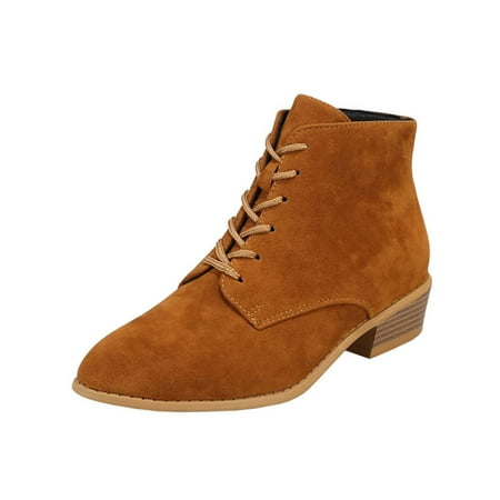 

Womens Flock Boots Chunky Heel Pointed Toe Side Zipper Lace up Cowgirl Riding Boots Classic Combat Booties