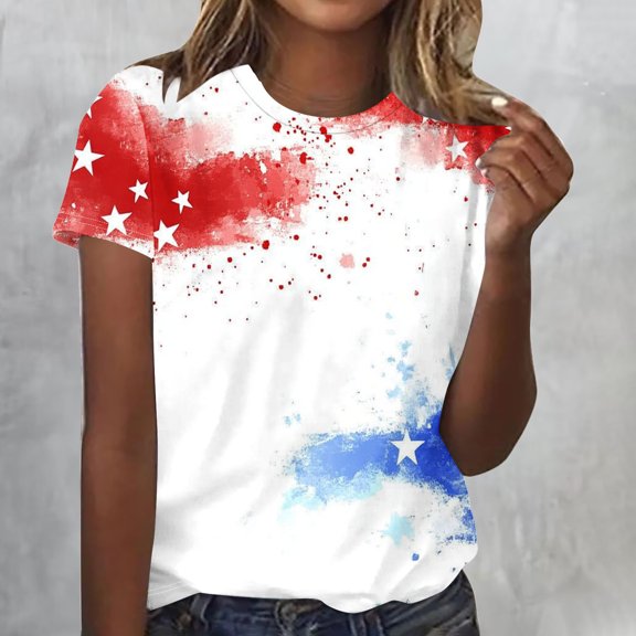 Goodtrade8 Women's Short Sleeve T Shirts Graphic Red White and Blue Pullover Red White and Blue July 4th Summer Crew Neck , Casual Independence Day Tops for Women American