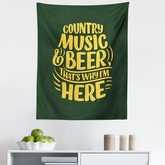 Western Tapestry, Country Music Having Fun Entertainment Typography Style of Illustration, Fabric Wall Hanging Decor for Bedroom Living Room Dorm, 5 Sizes, Hunter Green Mustard, by Ambesonne