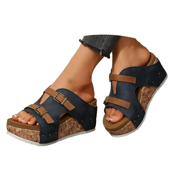 Mepaouo Cork Wedges Platform Slides Women's Thick Sole Non Slip Summer Dressy Sandals Walkig Shoes