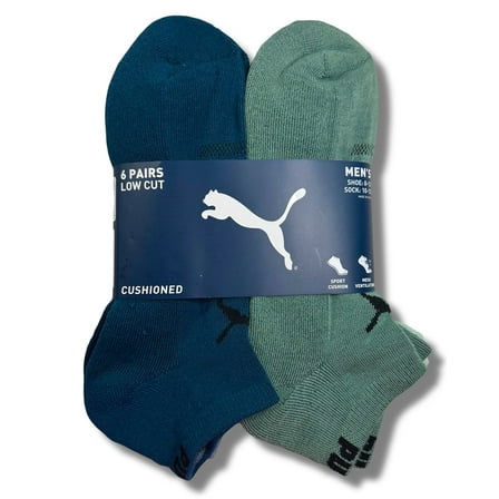 PUMA SOCKS MEN'S - LOW CUT - SOLID 253 - BLUE GREEN - LARGE (10-13) PACK 6 XX