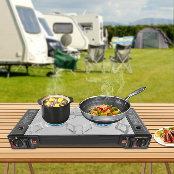 Portable Camping Stove with Double Burners, Non-Stick Grill Pan & Safety Features – Lightweight Outdoor Cooking Solution for Campers