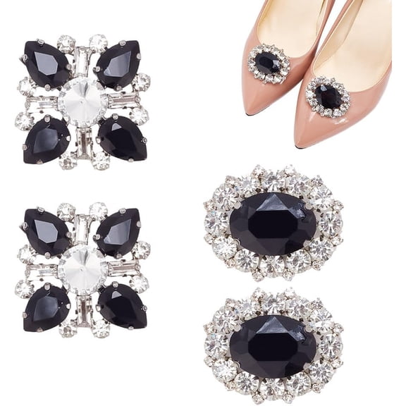 4 Pcs Rhinestone Shoe Clips 2 Styles Black Elegant Rhombus Oval Shoe Buckles Detachable Metal Shoe Clips Shoes Charm Decoration for Wedding Party Accessories Women