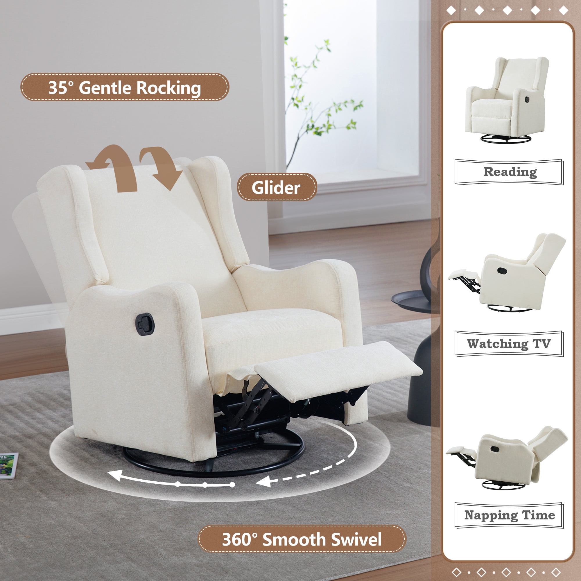 Lunale Swivel Glider Rocking Chair for Nursery, Wingback Upholstered Glider Rocker for Living Room, Beige Chenille Fabric