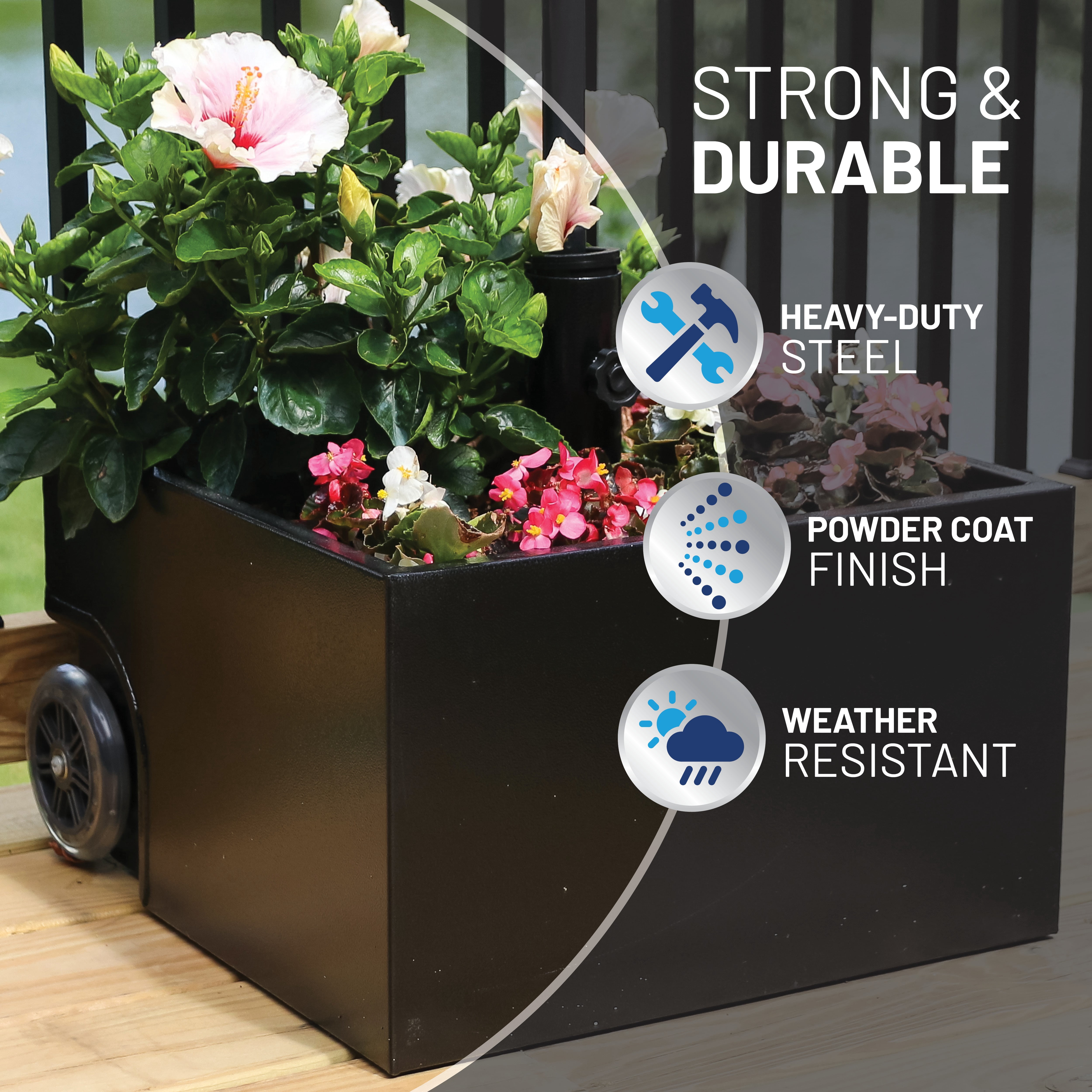 US Weight Decorative Planter Box Umbrella Base - Umbrella Stand with Wheels -  Powder-Coat Black