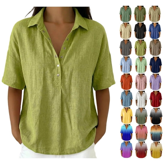 GUACER Collared Shirts for Women V Neck Button Down Blouses Casual Short Sleeve Cotton Linen Tunic Tops
