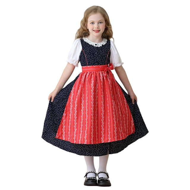 GPOECD Girls Dresses Bavarian Traditional German for Girls Oktoberfest Farm Dress European Style Summer Party Outfit Age 6-12 Long Dress 02_Black,150