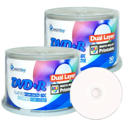 smartbuy 100-disc 8.5gb/240min 8x dvd r dl dual layer double layer white inkjet hub printable blank data recordable media disc spindle