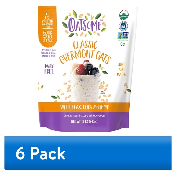 (6 pack) Oatsome Organic & Gluten-Free Overnight Oats with Chia, Flax & Hemp, 12oz Bag