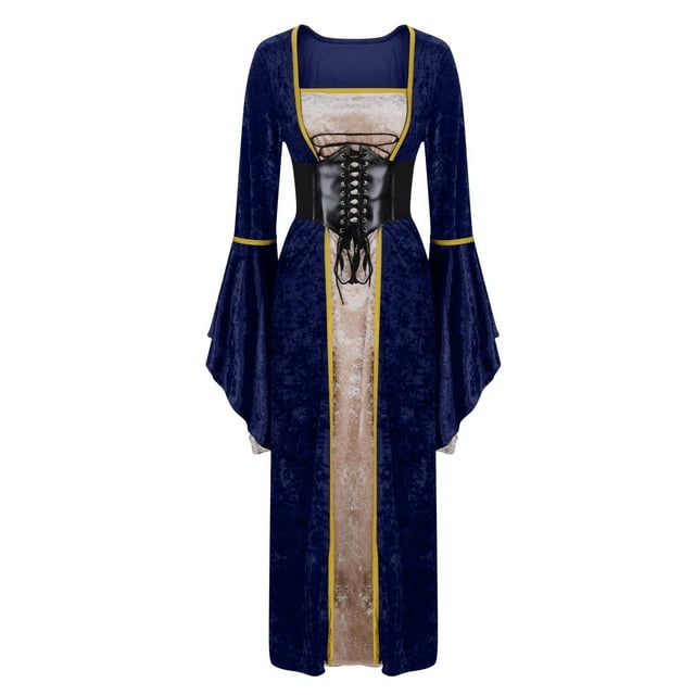 JGGSPWM Robe Longue à Manches Longues Évasées Col Carré Dentelle Vintage Renaissance Médiévale Bleu TTTG