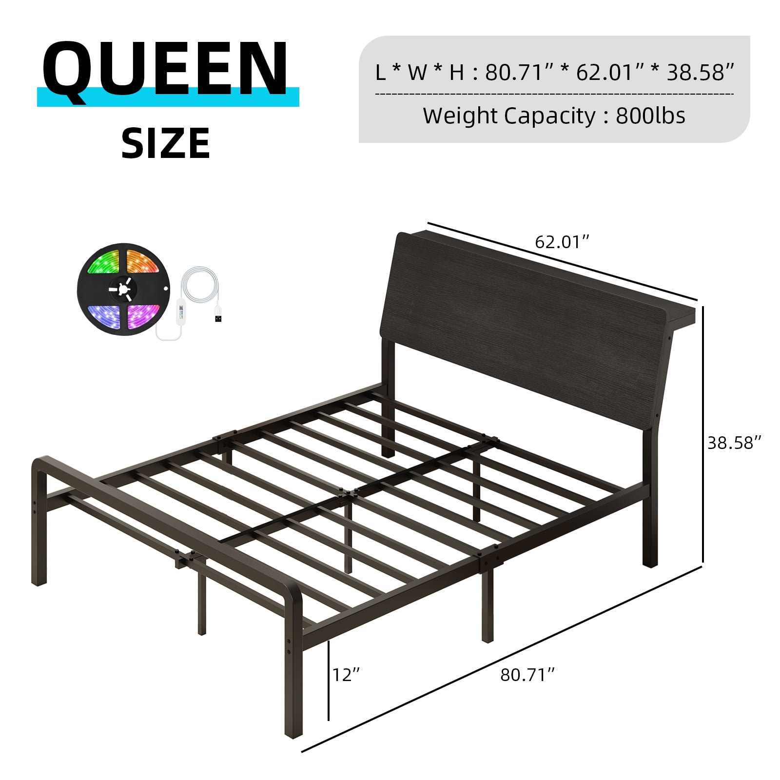 4 EVER WINNER Queen Bed Frame with Storage Headboard and LED Light, Metal Platform Bed Frame with Wooden Headboard, No Box Spring, Black