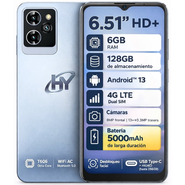 Celular Hyundai HyLine Pro 6.51" 6GB RAM 128GB 4G LTE Android 13 Dual SIM 5000mAh Teléfono Azul