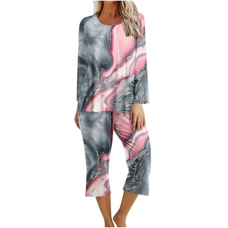 

Posijego Pajama Set for Women Floral Print Long Sleeve Top With Capri Pants Pjs Set Loose Soft Loungewear