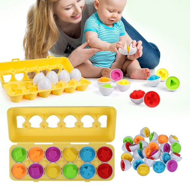 MesaSe 12PCS Matching Eggs Colour Shape Sorting Recognition Sorter Simulation Egg Game Puzzle Educational Geometric Learning Toys Birthday Gift For Kids