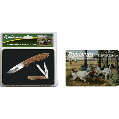Trapper and Mid-Size Folder Knife Set with Checkered Wood Handle and Limited Edition Dog Tin, Remington Cutlery