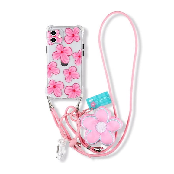 Soft TPU Designed Clear Case for iPhone 13 Pro Max 6.7", Crossbody Adjustable Hanging Rope Shockproof Silicone Cover iPhone 13 Pro Max Case with Flower Pendant for Women & Girls, Pink