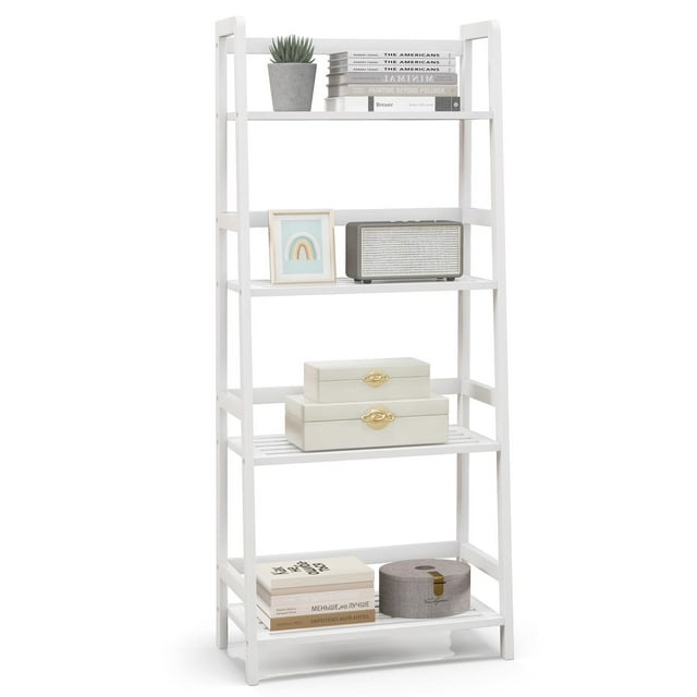 Giantex 4-Tier Bamboo Ladder Shelf, Wodden Bookshelf w/Fence Protection, Multifunctional Freestanding Plant Flower Display Stand