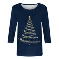 thumbnail image 3 of Hauts d'Été pour Femmes Col Rond Imprimé de Noël Manches Trois-Quarts T-Shirts pour Femmes Bleu Foncé TTG, 3 of 3