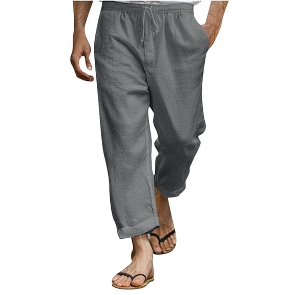 Admvng Men's Linen Pants Big & Tall Elastic Waist Drawstring Vacation Casual Everyday Trousers with Pockets