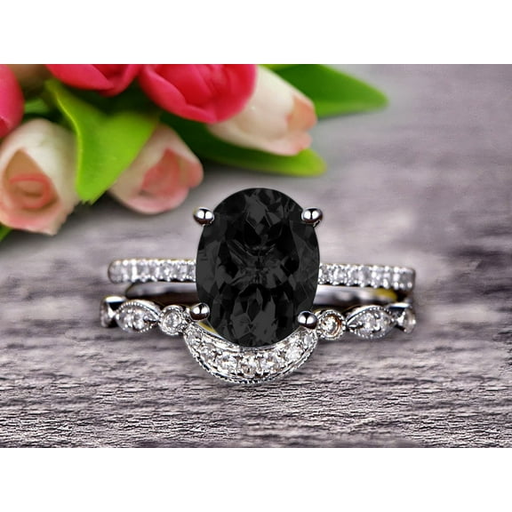 2.25 Carat Oval Cut Black Diamond Moissanite Engagement Ring Set With Matching Band 10K White Gold Art Deco Curved Stacking Gift Ring, Promise Ring, Anniversary Gift