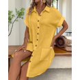 thumbnail image 2 of Womens Summer Cotton Linen Button Down V-Neck Casual Short Sleeve Loose Tunic Dresses Yellow S, 2 of 5