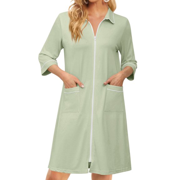 Robes for Women Zipper Lightweight 3/4 Sleeve Summer Bathrobes for Women Zipper Front Knee Length Plus Size Bathrobe Nightgown with Pockets Light Green XXXL