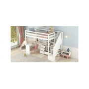 Pinovk Twin Size Loft Bed with L-Shaped Desk and Drawers, Cabinet and Storage Staircase, White