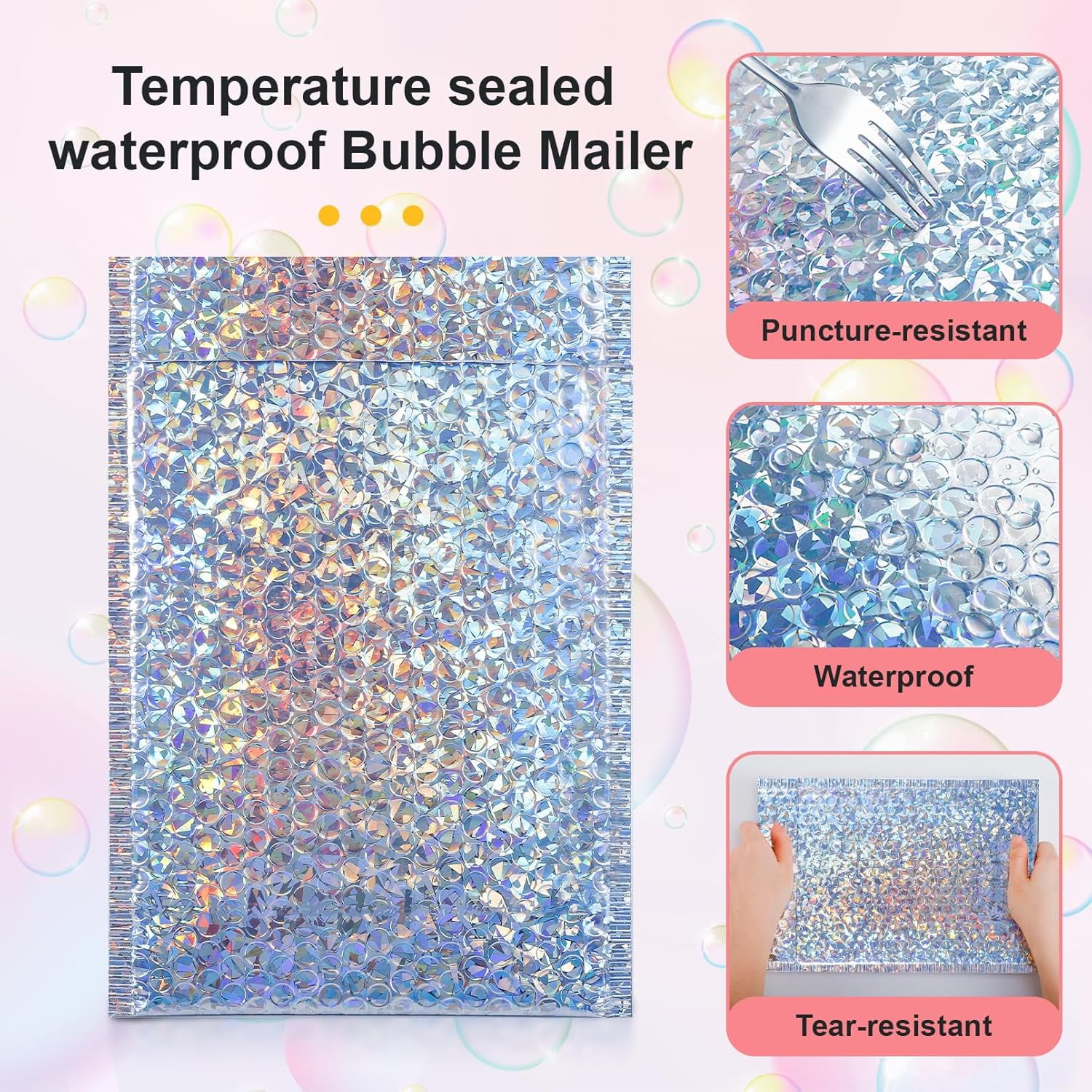 30 Pack Holographic Bubble Mailers,Metallic Mailing Envelopes Bubble Padded,Waterproof Self Sealing Poly Padded Envelope,Cushion Envelopes for Shipping Mailing Packing,11 x 7 Inch,Silver
