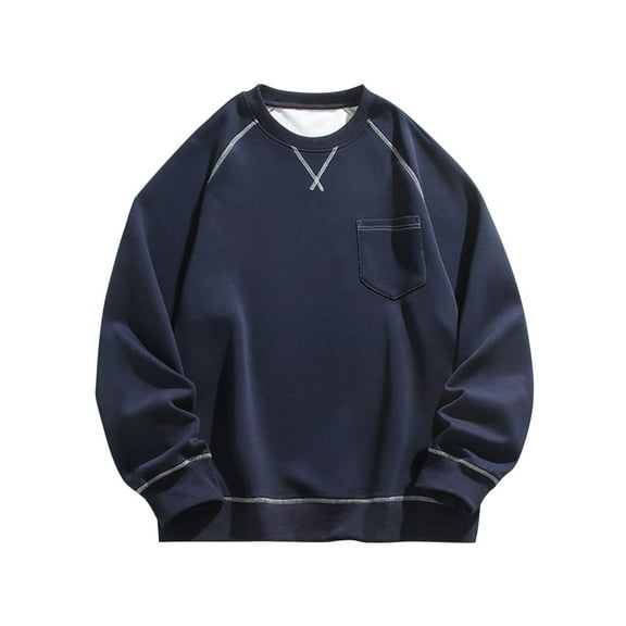 VSSSJ Men's Pullover Sweatshirt Cotton Casual Round Neck Long Sleeve Loose Fit Sweatshirt Tops with Pocket Streetwear Navy XXXL