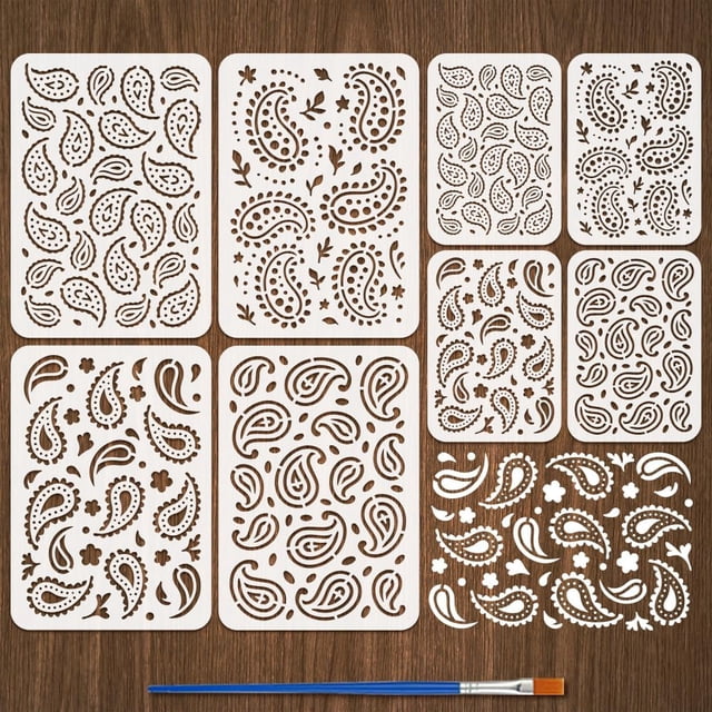 Plantillas de pintura con diseño de cachemir (8 piezas) con pincel, 8 estilos, para manualidades, decoración, temática floral, para dibujo y pintura en PET.