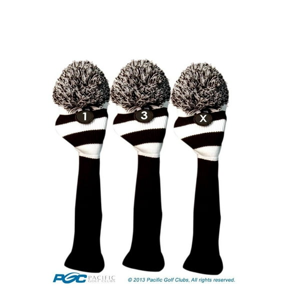 Majek Golf Club 1 3 X White and Black Limited Edition Driver and Fairway Wood Head Covers Fits 460cc Drivers Tour Knit Retro Vintage Pom Classic Long Neck Metal Longneck Woods Headcovers