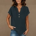 thumbnail image 2 of Olyvenn Linen Shirts for Women Summmer Vcation Lightweight Casual Short Sleeve Henley Tops Beach Relax Fit Tunic Blouse Dark Blue S, 2 of 7