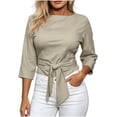 thumbnail image 2 of Favoffer Bandage Blouse Tops Women's 3/4 Sleeve Round Neck Solid Detail Shirts Regular Fit Casual Tops Summer Street Daily, 2 of 5
