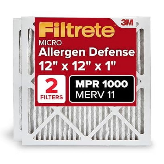 Filtrete 12x12x1 AC Furnace Air Filter, MERV 11, MPR 1000, Micro Allergen Defense, 3-Month Pleated 1-Inch Electrostatic Air Cleaning Filter, 2 Pack (Actual Size 11.81 x 11.81 x 0.81 in)