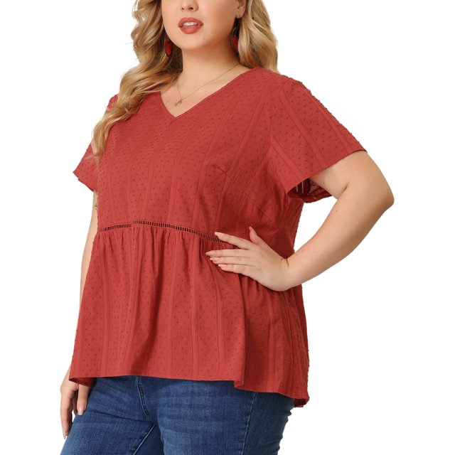 Plus Size Tops for Women Boho Lace Insert Hollow Swiss Dots Tops Blouses Red 1X