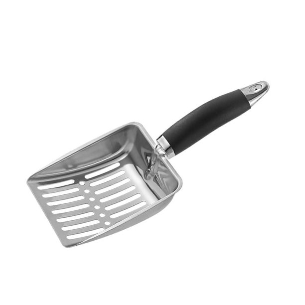 Cat litter scoop, shovel, rubber grip, metal scoop, hollow, poop sieve, ergonomic metal silver