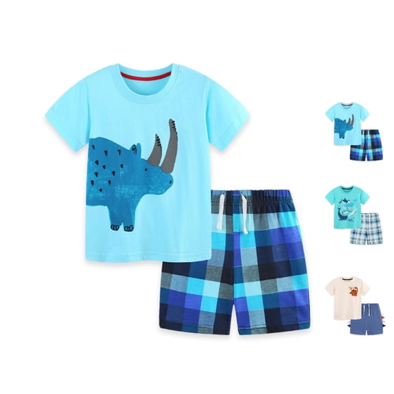 Afuyipoi Boys 2-Piece Summer Adventure Outfit (2-8 Years) Cute Rhino Print Crewneck Short Sleeve Tee and Plaid Elastic Waist Shorts Blue 4T
