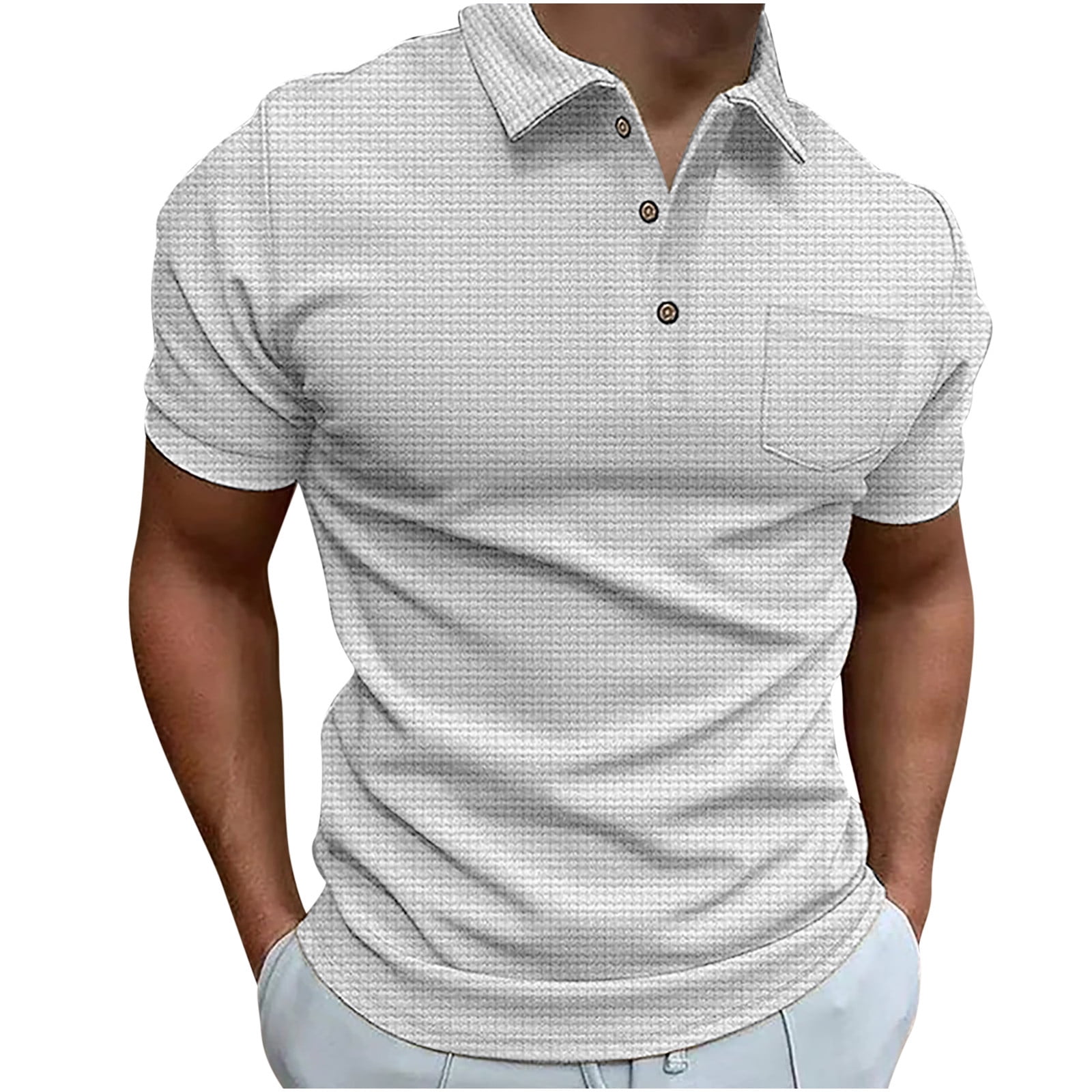 Mens Waffle Knit Short Sleeve Polo Shirts Button Up Loose Fit Casual Summer  Tops Solid Color Woven Beach T Shirts Pocket at  Men’s Clothing