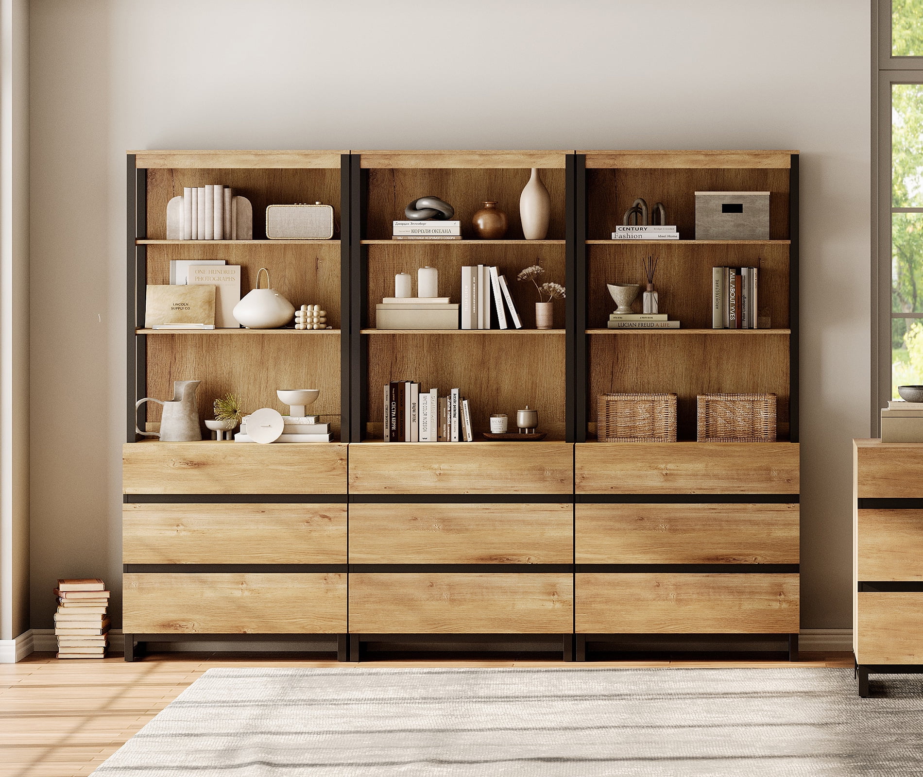 WAMPAT 3-Piece Modern 72" Tall Freestanding Bookcase，9 Drawers, Open Shelves & Storage Cabinet with Metal Base，Wood Library Bookshelf for Home Office & Living Room